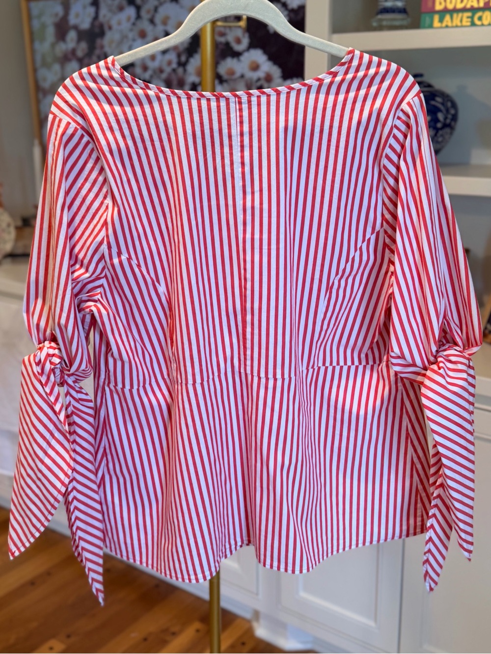 J. Crew Red and White Striped V-Neck Tie-Sleeve Blouse Size XL - Picture 9 of 10